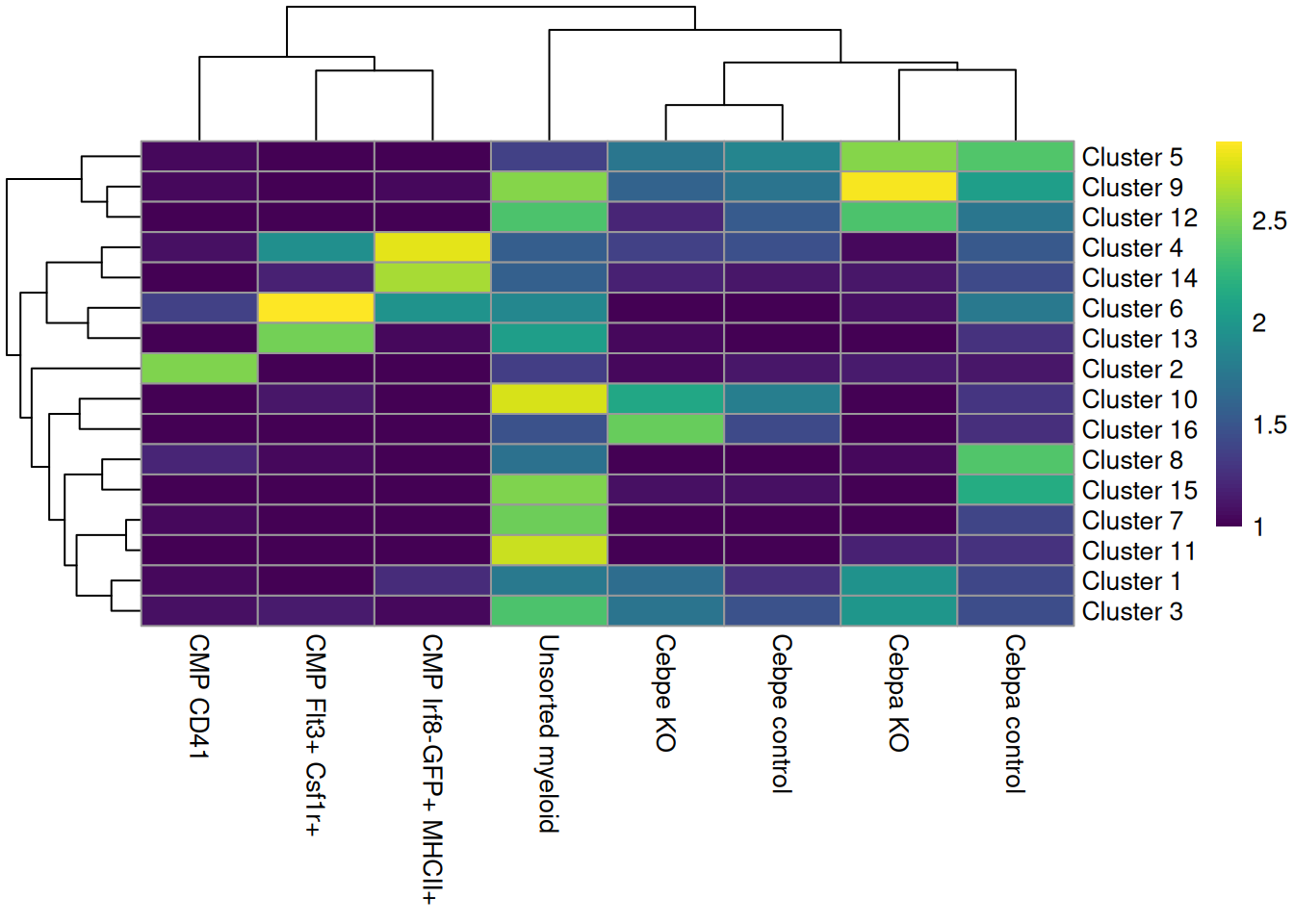 Heatmap of the distribution of cells across clusters (rows) for each experimental treatment (column).